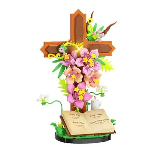 MOC Christian Cross Flower Bouquet Building Blocks – Sacred Tulip Plant Model, DIY Assembly Brick Toy, Gift for Kids