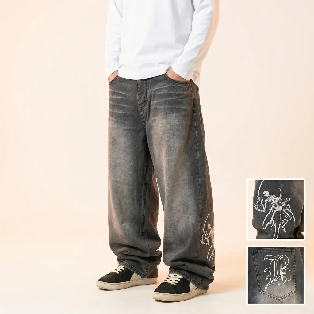 Men's Skeleton Embroidered Jeans in Dark Gray, Vintage Washed Baggy Wide-Leg Denim Pants for Hip Hop Streetwear, Plain, All Season, Below Ankles, Skeleton Print, Casual