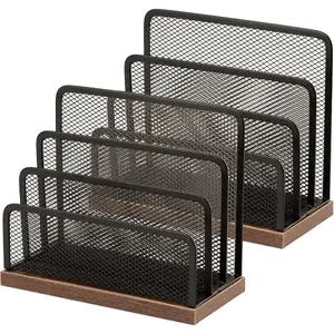 Wooden Desk Mail Organizer Desktop File Organizer Metal Mesh with 3 Vertical Upright Compartments Mail Sorter Letter Organizer Rack for Letters Postcards Brochures Mail Holder 2 Pack Black