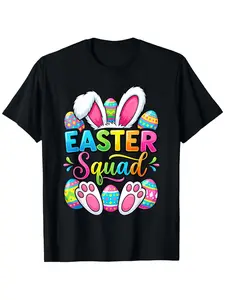 Family Easter Bunny & Egg Squad T-Shirt - Loose Fit Round Neck Casual Role Costume with Bunny & Egg Patterns, Slogan for Easter Egg Hunt Outfits