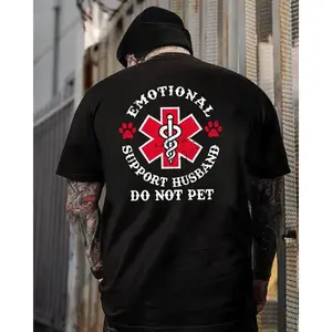 Men's Emotional Support Husband Graphic Hoodie - Casual Cotton Fabric Menswear, Funny Marriage Humor Short-Sleeve Shirt, Gen X Husband Top
