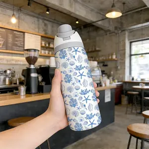 32oz Dual-Use Sports Water Bottle, Hydration Tumbler, Blue Starfish Shell Pattern, 304 Stainless Steel Large Capacity Insulated Cup, Perfect Gift for Women