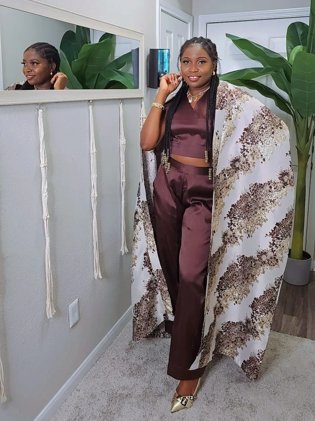 MIMI 3D Puff Set - Bold Kimono with Statement Puff Sleeves, Crop Top & Fitted Pants - Vibrant Brocade Fabric for Elegant Outings - Dress