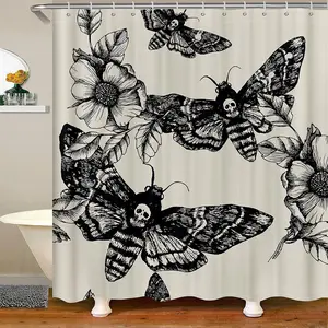 Feelyou Gothic Skull Waterproof Shower Curtain Set with Hooks - Halloween Spooky Decor, Death Moth, Flowers, Skeleton Bones Design, Washable Multicolor Household Textile for Bathroom, Home Goods, Household Items Decor