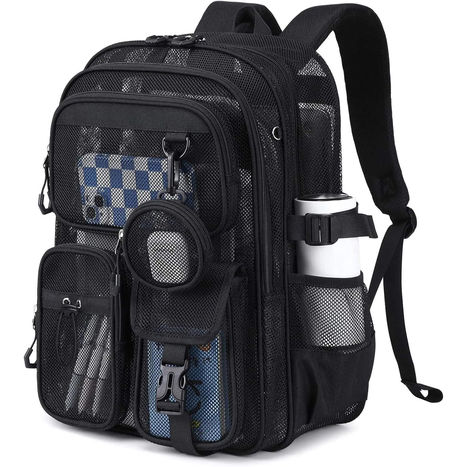 Heavy Duty Large Capacity Breathable Mesh Backpack for School, Clear See Through Beach Bag with Detachable Coin Purse for Kids Girls Boys, Ideal for Sport Gym Travel Pool