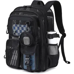 Heavy Duty Large Capacity Breathable Mesh Backpack for School, Clear See Through Beach Bag with Detachable Coin Purse for Kids Girls Boys, Ideal for Sport Gym Travel Pool
