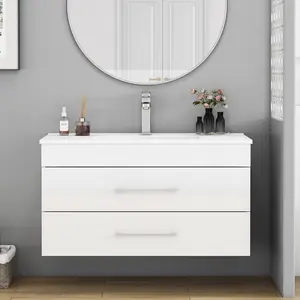 36-Inch White Gloss Wall-Mounted Bathroom Vanity with Double Drawers, Soft-Close System, Ceramic Sink, Long Metal Handle, Easy Installation, Glossy White