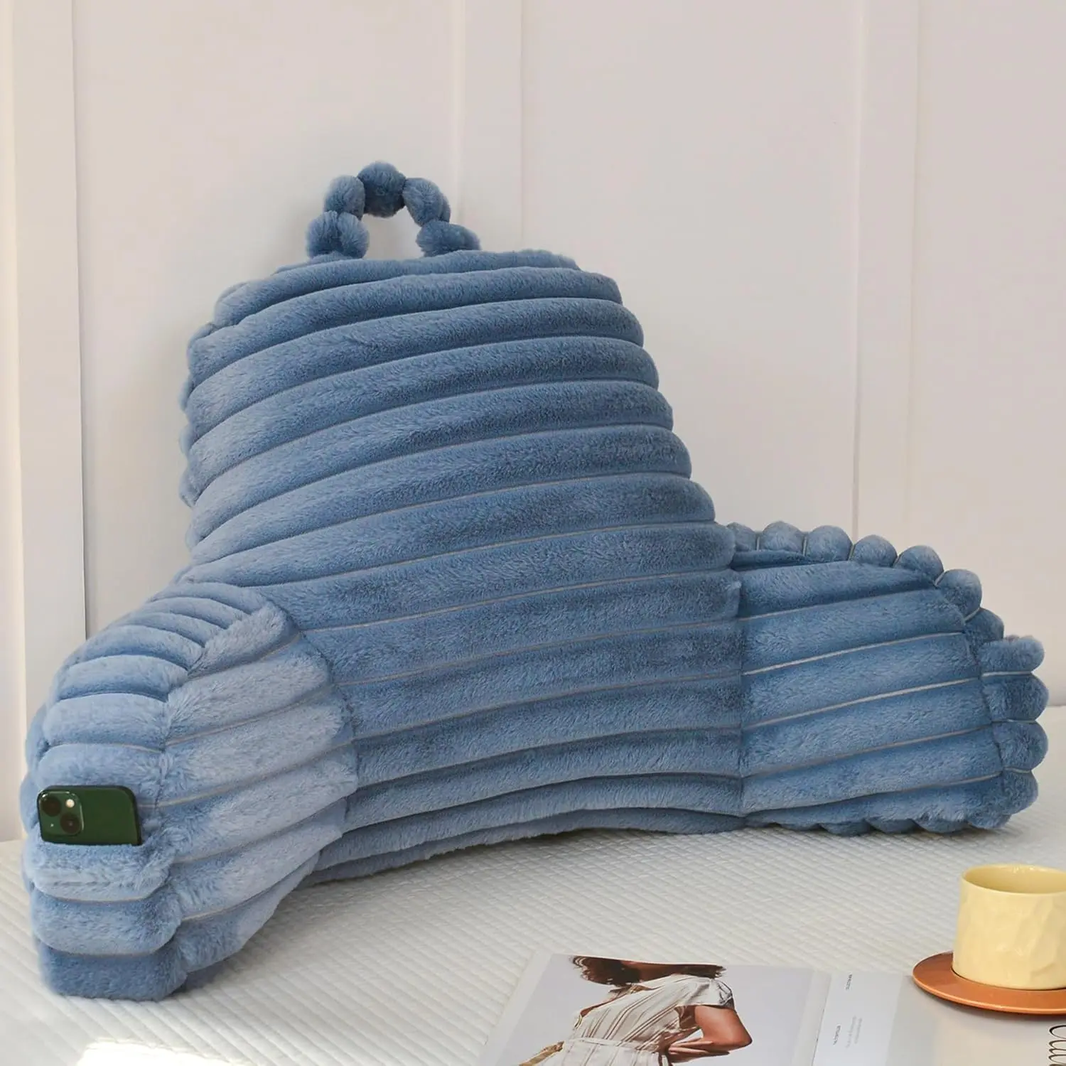 Large Reading Pillow for Adults,  Support Pillow for Sitting Up in Bed with Arms, Couch for Lounging Bedrest, Dusty Blue