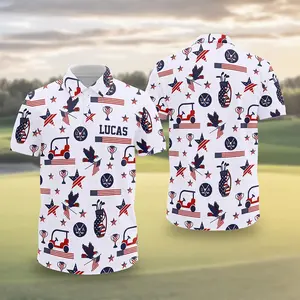 Custom Name Patriotic Golf Polo Shirt, Personalized USA Flag Golf Polo, America Golf Ball Pattern Shirt, 4th of July Golf Gift For Him