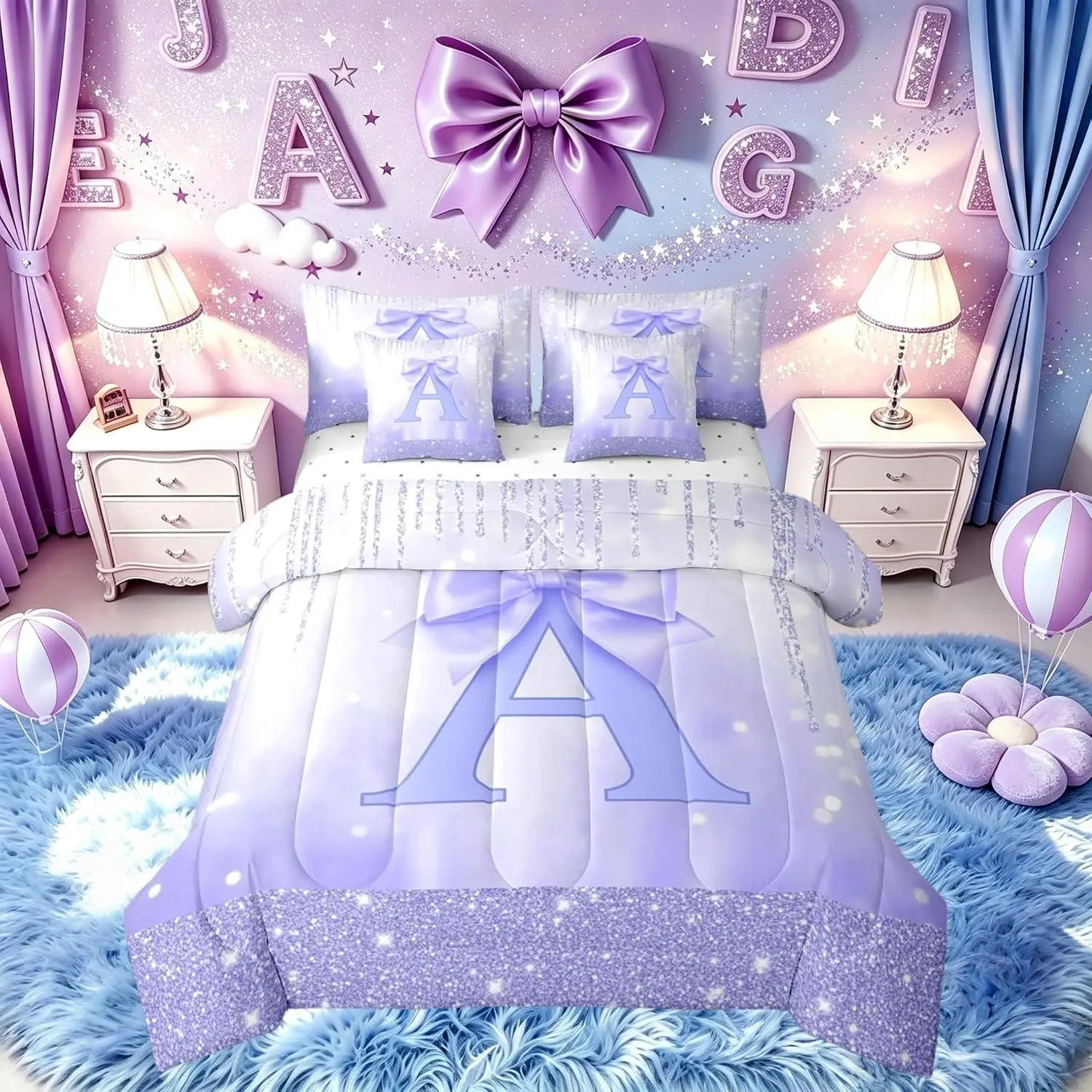 Purple Bowknot Comforter Set with Sheets 7 Piece Initial Letter A Bedding Set Princess Glitter Bed in a Bag Cute Bow Alphabet Room Decor Soft