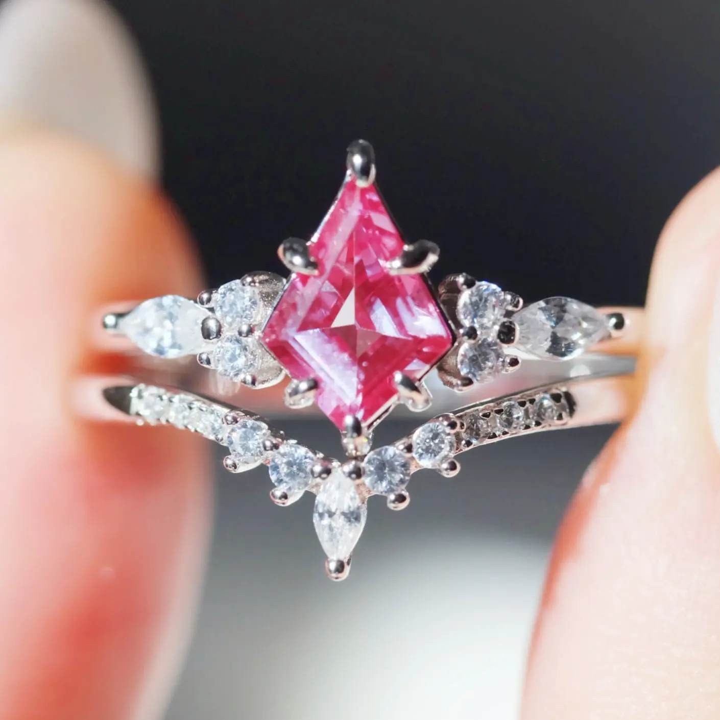 Alexandrite Ring Rhombus 925 Sterling Silver Color-Changing Double-Layer Engagement Ring Set