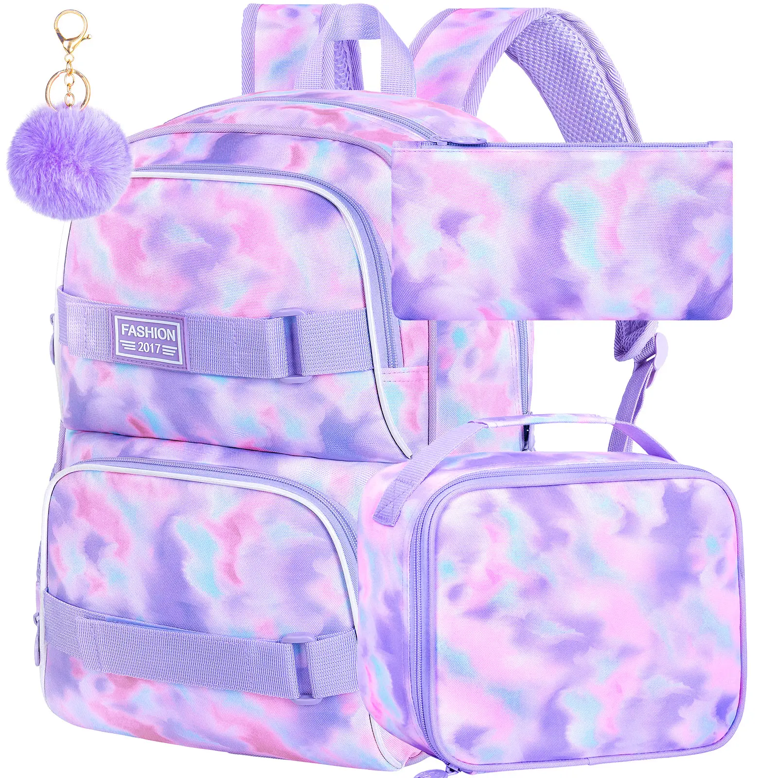 17 Inches Backpack for Girls Women, 3Pcs Tie-dye College School Bookbag Set for Teens Students, Water Resistant Laptop Backpacks with Lunch Bag(Purple