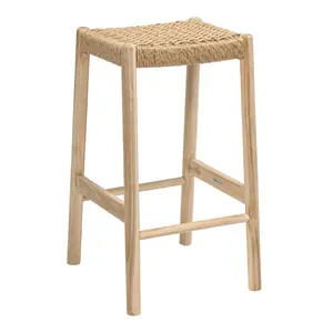 Armati Coastal Casual Handcrafted Teak Wood Backless Indoor/Outdoor Bar Stool with Synthetic Woven Seat