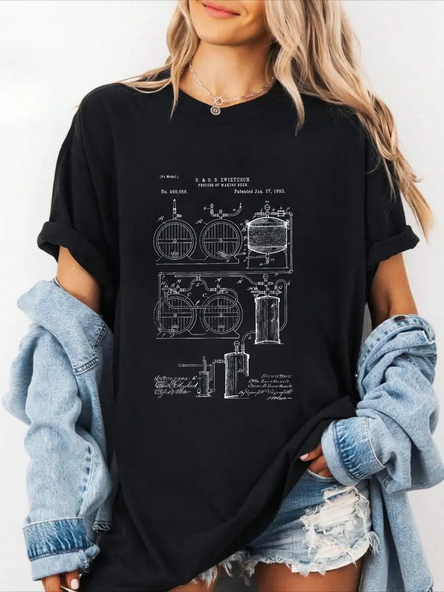 Women's 100% Cotton Loose Style Short-Sleeve T-Shirt - Craft Beer Brewing Vintage Patent Brewery Brewer Graphic, Summer Casual Top, Jackets Compatible Layering Piece, Shortsleeve