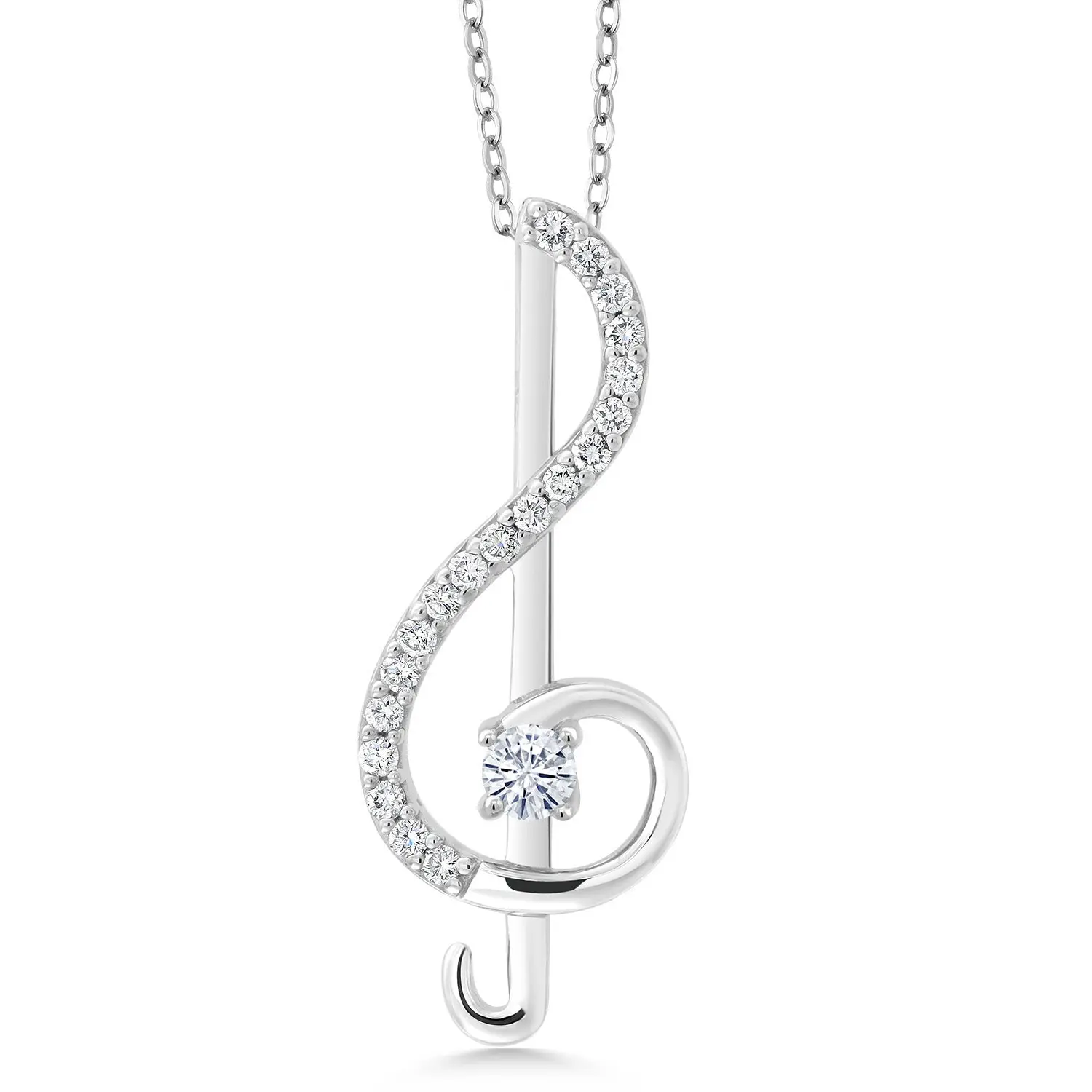 Treble Clef Music Note Pendant Necklace For Women By Keren Hanan | 925 Sterling Silver | Round 3MM Gemstone Birthstone and White Moissanite | With 18 Inch Silver Chain