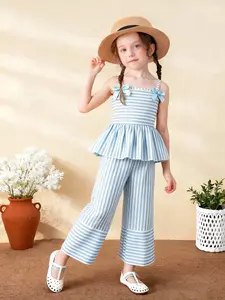 Girls Fashion 2 Piece Set, Summer Striped Cami Top with Wide Leg Pants, Ruffle Edges and Cute Bow, Casual Versatile for 3-8 Years, Ideal for Valentine's Gift or Party