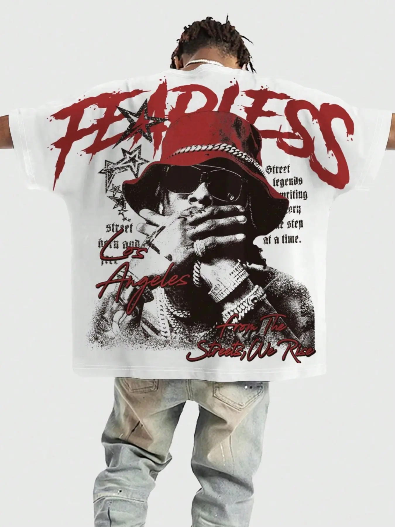 American Street Style Fearless Portrait Print Short Sleeve T-Shirt, Vintage Washed Look, Loose Fit, Essential for Trendy Men, Fashion, Menswear, Streetwear