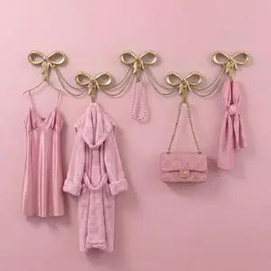 1 Set Gold Bows Wall Hooks Bow Knot Hooks for Nursery Bedroom Bathroom Cute Gold Wall Mounted Functional Decorative Coat Holder for Hats Bags Tie Bath Coats (5 Hook Style)