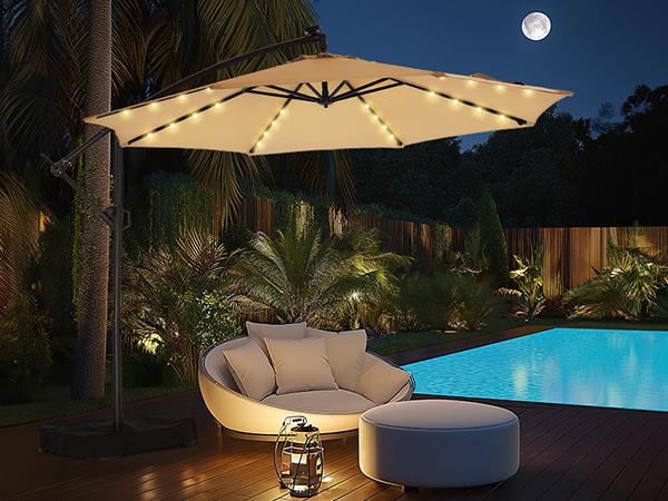 [10ft] Solar Lights Offset Cantilever Patio Umbrella - w/Light and Base, LED Lighted Offset Hanging Patio Outdoor Market Umbrella UPF50+ UV Protection with Easy Tilt and Crank