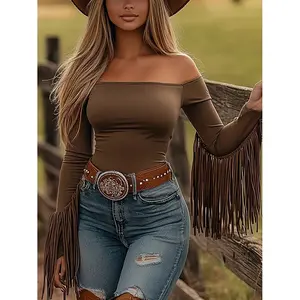 Women's Western Cowgirl Off-Shoulder Fringe Top, Sexy Slim Fitted Long Sleeve Tassel Blouse#Douyin Recommends For You#Douyin Made Me Buy It#Food Videos#Home Supplies#Trending Videos#Obsessed.#Economy#Black Friday#Must-Have For Workers#Clothing#Sports#Outd