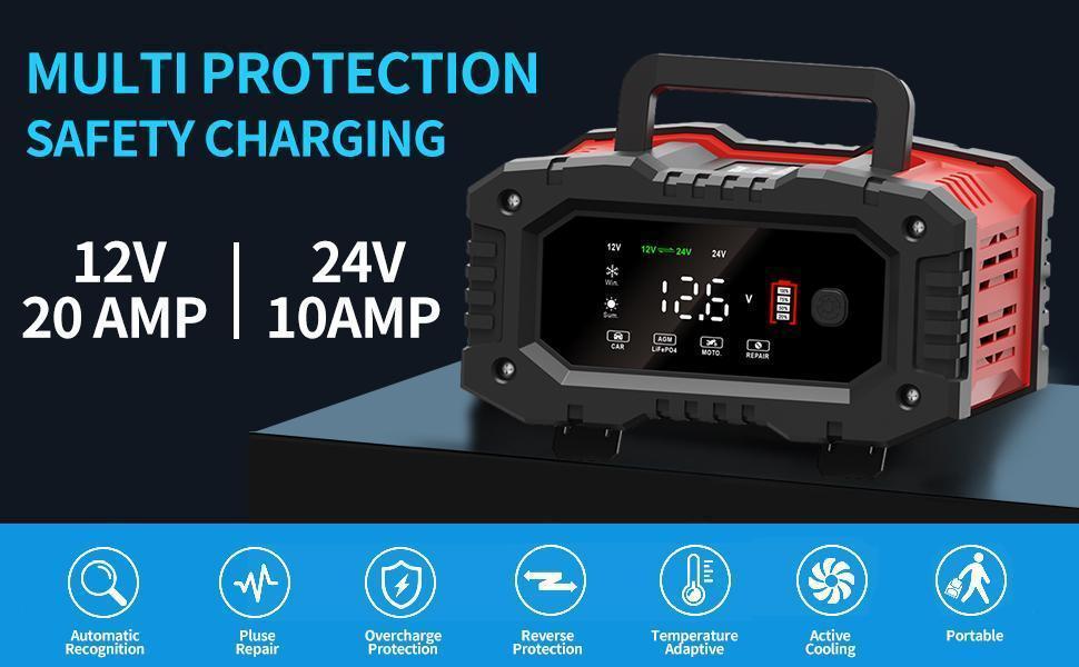 12V and 24V Car Battery Trickle Charger, Battery Charger 20 Amp Lifepo4 Float Fully-Automatic Smart Charger, Maintainer/Pulse Repair Charger for Car, Boat, Motorcycle, Lawn Mower