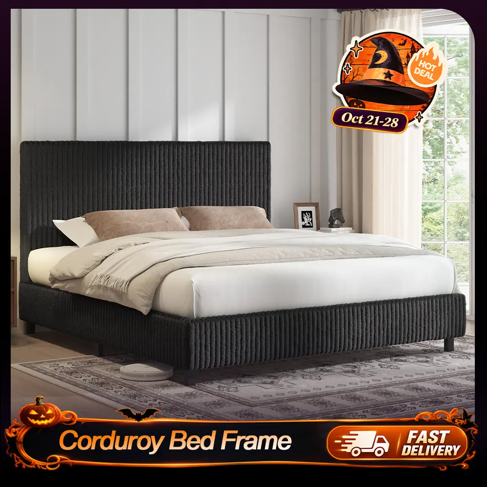 AMERLIFE Modern Full Size Bed Frame - Elegant Corduroy Upholstered Furniture, 3.5" Gap-Free Fully Padded Headboard, 2" Padded Rails, Low Profile Metal Slats, No Box Spring Needed, All-Around Foam Padding, Flush Finish, Assembly Required, for Room Decor,fa