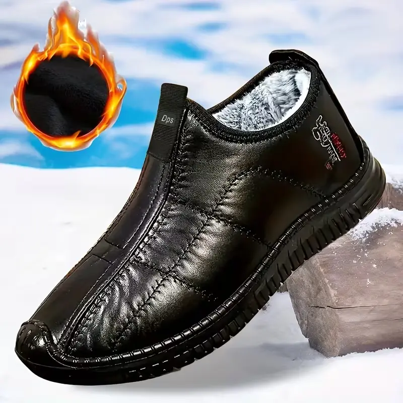 Men's Walking Shoes Winter Warm Fleece-Lined Slip-On Mid-Top Fabric Sneakers with Round Toe and Anti-Slip PU Sole for Daily Use Solid Color Casual Fall/Winter Collection Boot