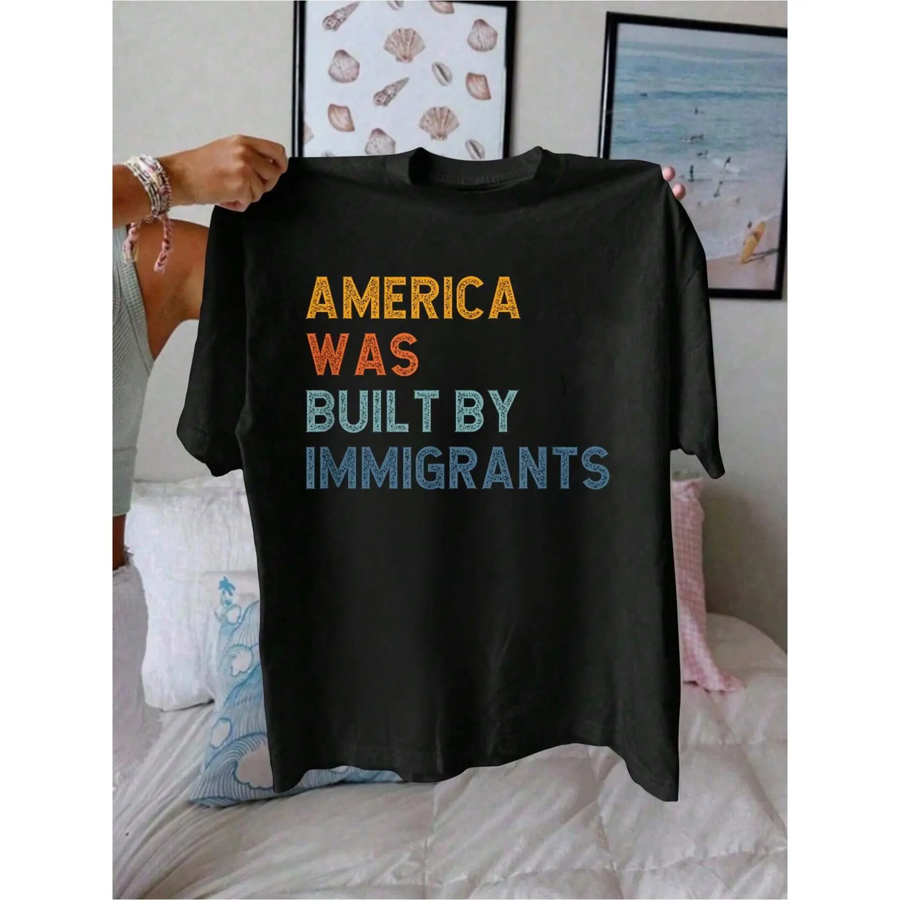 100% Cotton America Was Built By Immigrants.Support Refugee Rights T-Shirt graphic tees men crop tops summer outfits for men summer tops T-Shirt