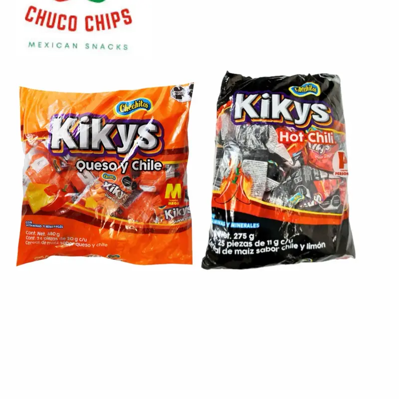 Kikys Chechitos Botaneros . Individual bags. Each bag comes with 24 individual bags. Choose from Chechos Cheddar flavor, Kikys Hot Chile, Kikys Queso Jalapeño , Kikys Cheddar, and Kikys Ahumados. Authentic Mexican snacks . Kikys Chechitos Botaneros . Individual bags. Each bag comes with 24 individual bags. Choose from Chechos Cheddar flavor, Kikys Hot Chile, Kikys Queso Jalapeño , Kikys Cheddar, and Kikys Ahumados. Authentic Mexican snacks .