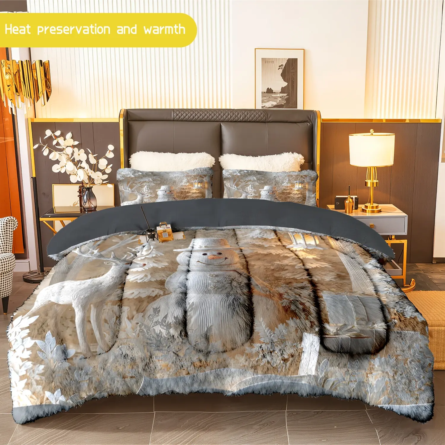 3pcs (1 comforter + 2 pillowcases) Snowman - Themed Flannel and Milk Velvet Comforter Set, Soft Warm Cozy Bedding Essentials, Plush Milk Velvet Bedding Set for Adults