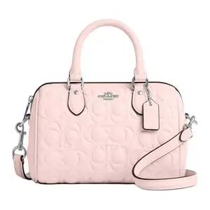 COACH Rowan 17 Smooth Leather Crossbody Shoulder Bag with Logo Print in Silver and Blush