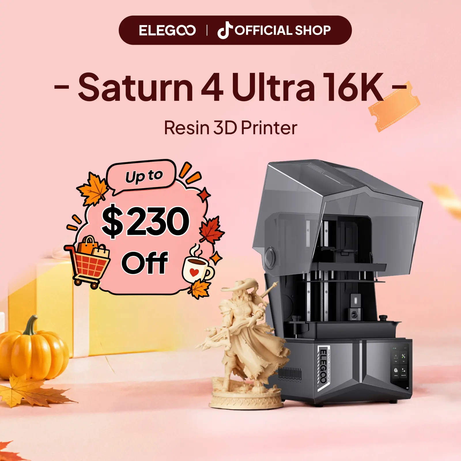 ELEGOO Saturn 4 Ultra 16K Resin 3D Printer - 10" 16K Mono LCD Screen, Flip-up Lid, Smart Tank Heating (30 °C), 150mm/h High-Speed Print, 8.33×4.66×8.66in Large Size, Tempered Glass, Real-Time Monitor