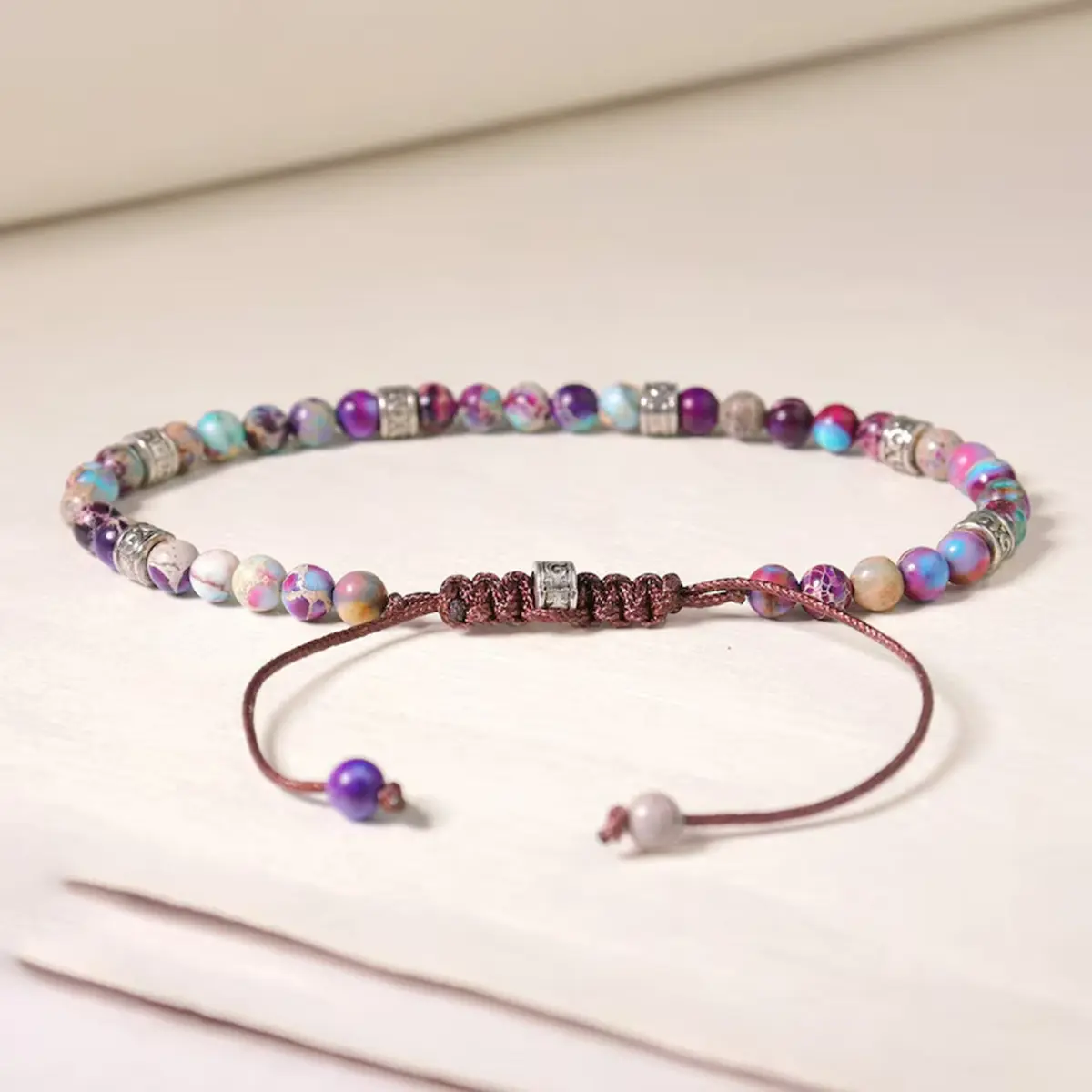 Women's Ethnic 4mm Sea Sediment Jasper Beaded Bracelet - Handmade Stacking Bangle with Purple Patterned Gemstones, Flexible Circumference, Calming Effects, Adjustable Fit for Summer Beach & Daily Wear, Beaded Bracelets, Jewelry Bracelet