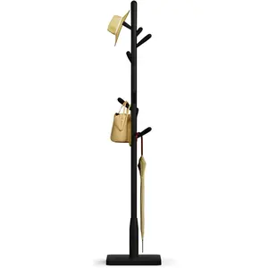 Solid  Square Base Coat Rack, Free Standing Hall Coat Tree with 8 Hooks(+2 spare for Coats, Hats, Bags, Purses, for Entryway, Hallway, Rubberwood Hooks,Base and Pole,(Square Base, Black)