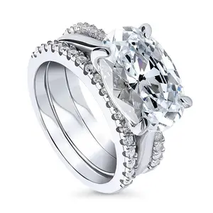 BERRICLE Sterling Silver Solitaire East-West Engagement Rings Statement Stackable Band for Women, 5.5 Carat Oval Cut Cubic Zirconia CZ Ring Set