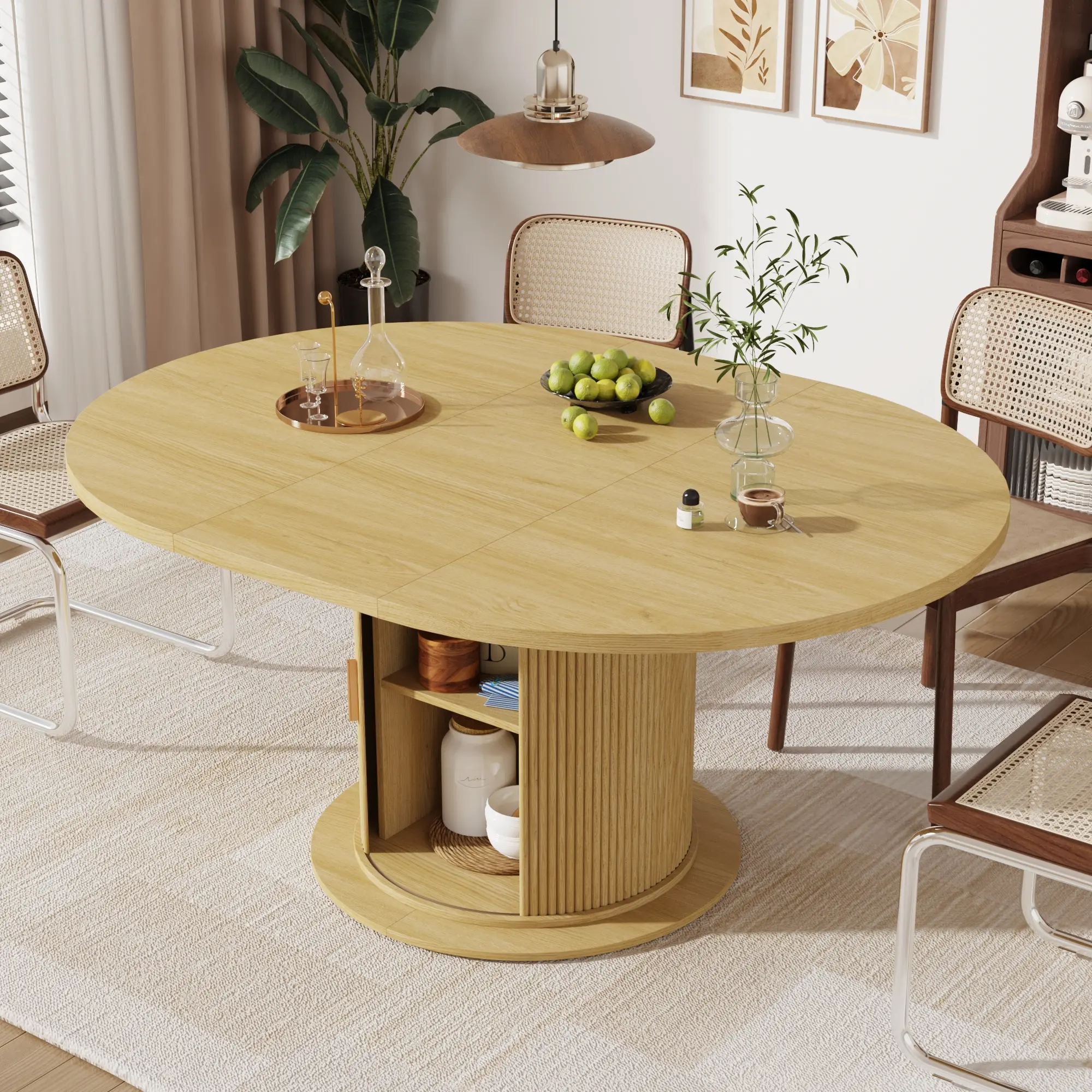 47-63in Extendable Round Dining Table for 4-8, Modern Kitchen Oval Dining Table with 2-Layer Storage Shelf, Wood Strip Base for Dining Living Room (Walnut/Natural Wood)