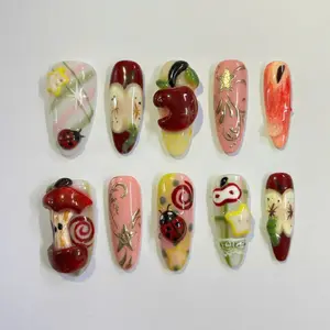 Whimsical Apple Garden Press-On Nails, Fairy Tale Fruit and Ladybug Design, 3D Apple Core and Mushroom Details, Gold Star Accent, Cottagecore Holiday Nailbox, Custom Handmade Set