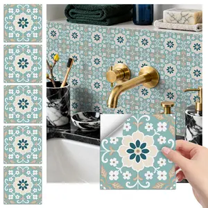 24PCS FHZ Light Turquoise Floral Retro Tile Stickers | PET Matte Peel & Stick Backsplash | Waterproof Oil-Proof Decor for Home & Office