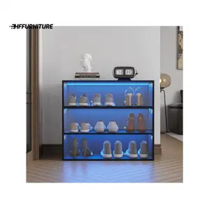 Special sale  Black Glass Door Box Shoe Storage Cabinet With RGB Led Light Cloakroom Decor