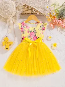 Girl's Floral Print Contrast Mesh Bow Dress, Cute Romantic A Line Dress for Party Holiday Wedding Guest, Kids Spring&Summer Clothes