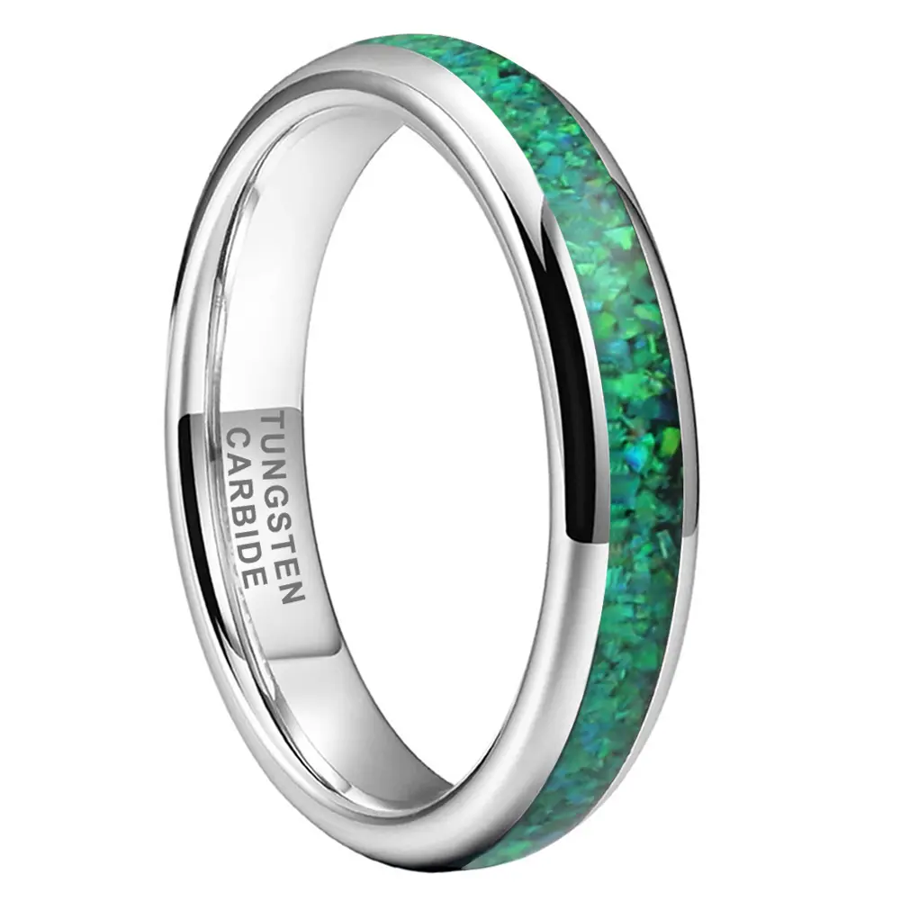 Yonifu Women's 4mm Silver-Gold Tungsten Carbide Ring - Slim Comfort Fit Band with Green Opal Inlay, Simple Casual Fashion Daily Elegant Wedding Gift, Tungsten Rings, 4Mm Golden Opal Inlay Tungsten Rings