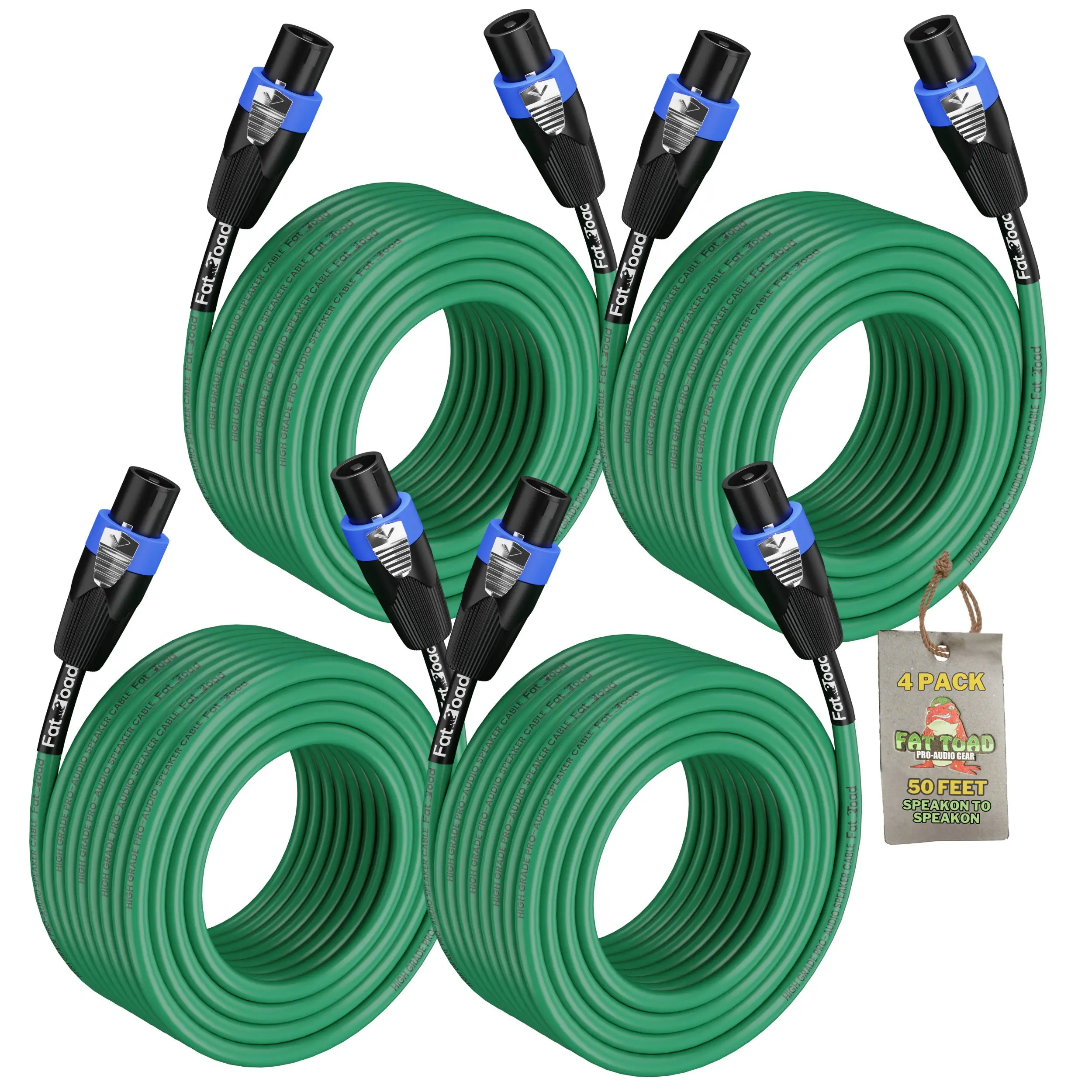 4 PACK - 50FT Speakon to Speakon Speaker Cables by FAT TOAD | Professional DJ Pro Audio Green PA Cords with Twist Lock Connector | 12 AWG Wires for Impeccable Studio Recording & Stage Gear
