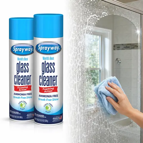 Sprayway 23 oz Glass Cleaner, ammonia-free foaming aerosol, streak-free shine, fast drying, no rinse, removes fingerprints, dust, dirt, grease, grit, grime, smoke film, fresh scent, windows, mirrors, windshields, shower doors, glass tables, picture frames