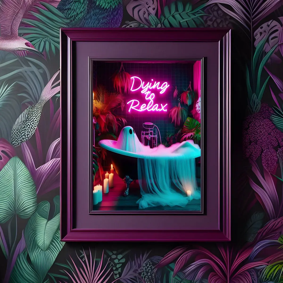 Dying to Relax Wall Art Poster – Gothic Bathroom Print – Neon Sign Artwork for Maximalist Tropigoth Home Decor, Unframed | 5 Size, 8x12 to 27x40 inch