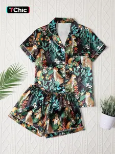 Valentine's Day Casual Tiger Print Women's Pajama Set Loungewear, Button Front Short Sleeve Top and Loose Elastic Pants, Comfortable All-Season Sleepwear Pjs Pyjamas