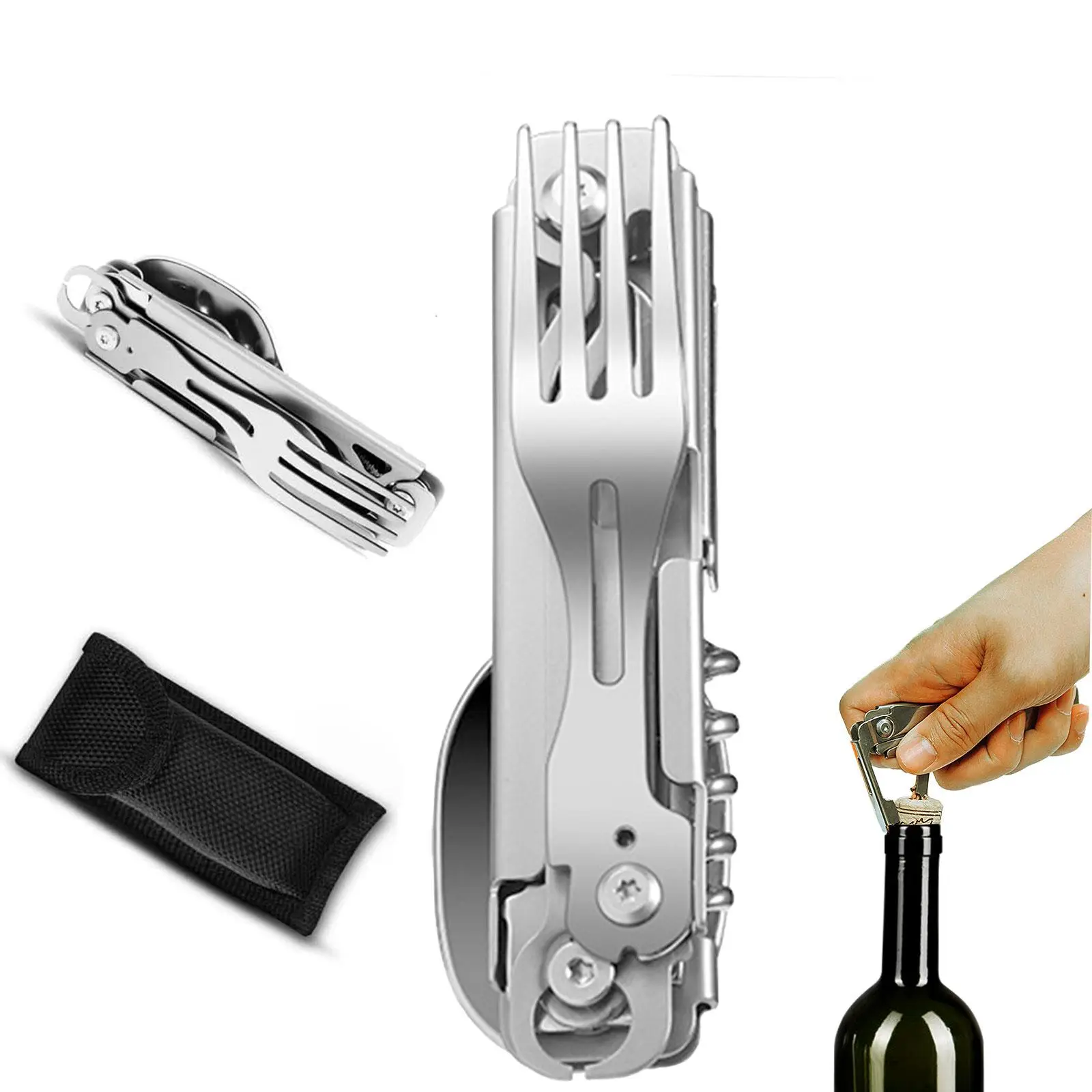 4 in 1 Stainless Steel Safety Locking Camping Accessory (2 Counts), Durable Knife with Sheath, Compact Multi-tool with Knife, Fork, Spoon, Opener, Sur
