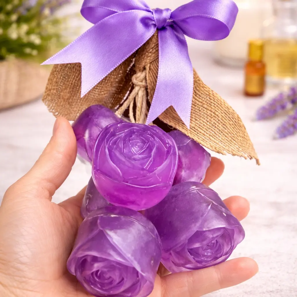 Handcrafted Beauty Rose Soap Bouquet with Purple  Bow & Natural Rope for Elegant Bath Decor 250G Soft Luxury Fragrance Skin-Loving Oils Delicate Scent