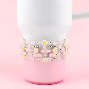 Rose Quartz Bouquet Bracelet Collection: Pink and Silver Beaded Bracelets with Clay Daisy Beads