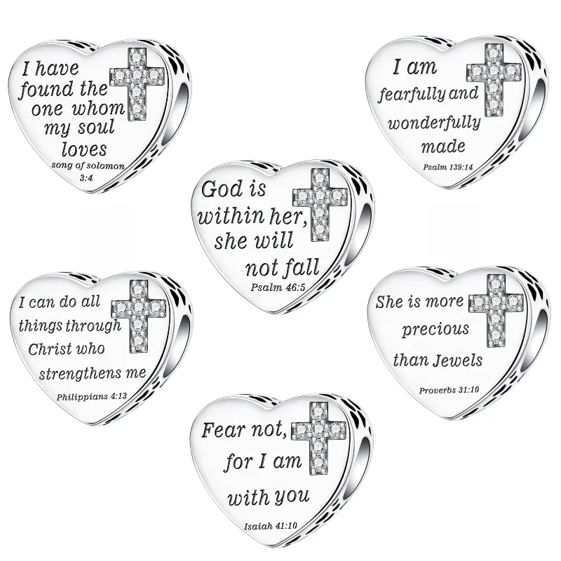 Heart Cross Bible Verse Charms, 925 Silver-plated Beads for Necklace Bracelet, Religious Inspirational Jewelry for Christians