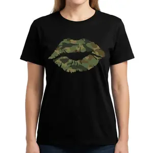 Cotton Women's Camo Lip Print T-Shirt - Short Sleeve Crew Neck Casual Top,Breathable Cotton, Classic Fit, Machine Washable, Spring/Summer Fashion Graphic T-Shirt for Men and Women, Womenswear Streetwear